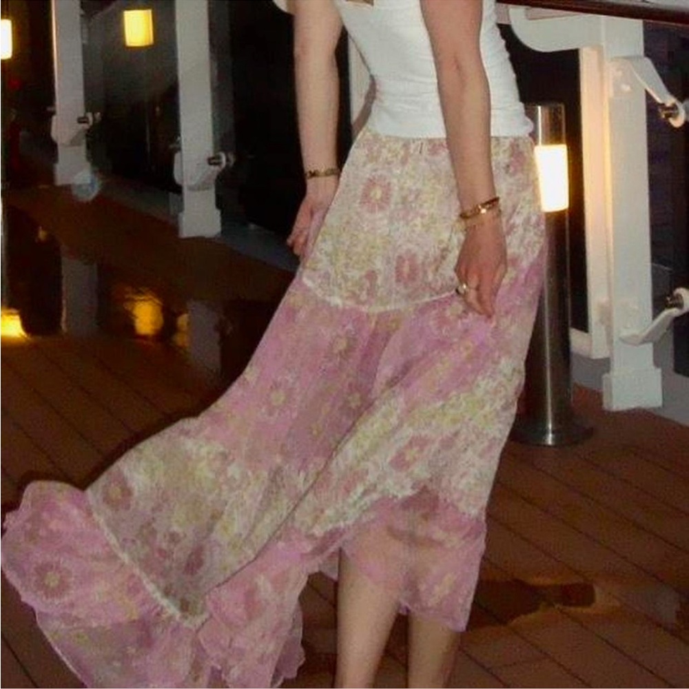 Revolve x MISA Los Angeles chiffon sheer maxi skirt in pink & yellow. Small. NWT
